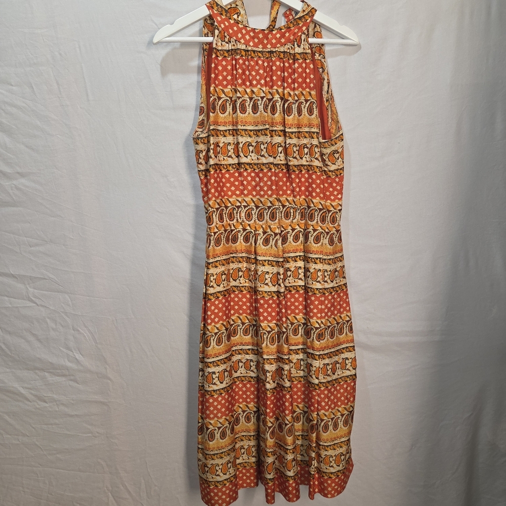 Vintage Thai Silk Halter Dress Orange Paisley Patterned Mid Length - Read Below!